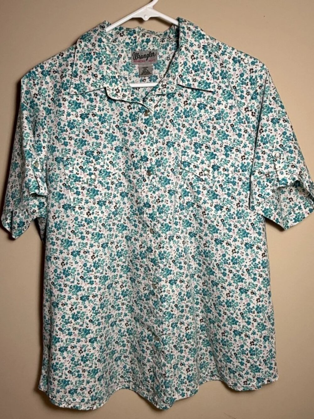Wrangler Rancher Shirt Womens XXL Blue Floral Short Sleeve Western Snap Pearl